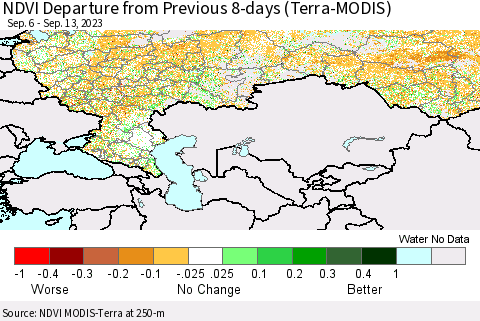 Russian Federation NDVI Departure from Previous 8-days (Terra-MODIS) Thematic Map For 9/6/2023 - 9/13/2023