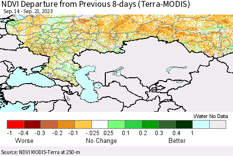 Russian Federation NDVI Departure from Previous 8-days (Terra-MODIS) Thematic Map For 9/14/2023 - 9/21/2023