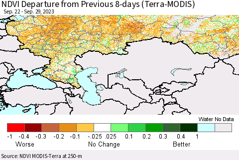 Russian Federation NDVI Departure from Previous 8-days (Terra-MODIS) Thematic Map For 9/22/2023 - 9/29/2023