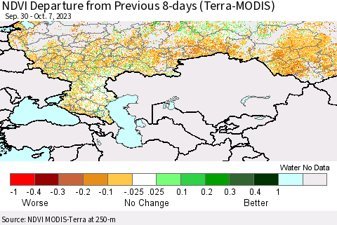 Russian Federation NDVI Departure from Previous 8-days (Terra-MODIS) Thematic Map For 9/30/2023 - 10/7/2023