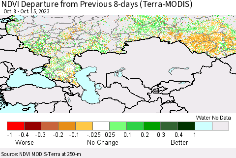 Russian Federation NDVI Departure from Previous 8-days (Terra-MODIS) Thematic Map For 10/8/2023 - 10/15/2023