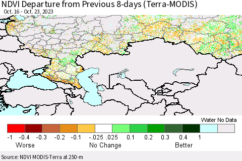 Russian Federation NDVI Departure from Previous 8-days (Terra-MODIS) Thematic Map For 10/16/2023 - 10/23/2023