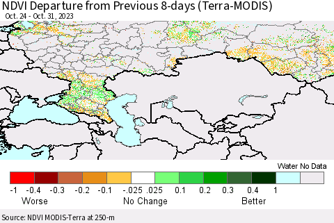 Russian Federation NDVI Departure from Previous 8-days (Terra-MODIS) Thematic Map For 10/24/2023 - 10/31/2023