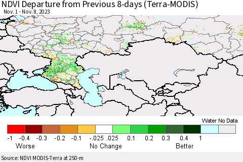 Russian Federation NDVI Departure from Previous 8-days (Terra-MODIS) Thematic Map For 11/1/2023 - 11/8/2023