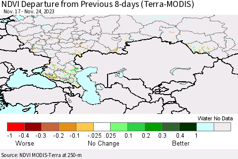 Russian Federation NDVI Departure from Previous 8-days (Terra-MODIS) Thematic Map For 11/17/2023 - 11/24/2023