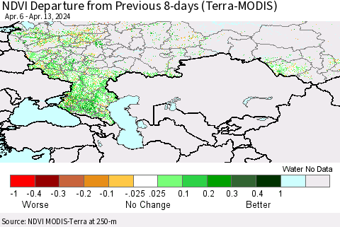 Russian Federation NDVI Departure from Previous 8-days (Terra-MODIS) Thematic Map For 4/6/2024 - 4/13/2024