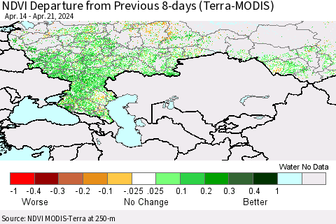 Russian Federation NDVI Departure from Previous 8-days (Terra-MODIS) Thematic Map For 4/14/2024 - 4/21/2024