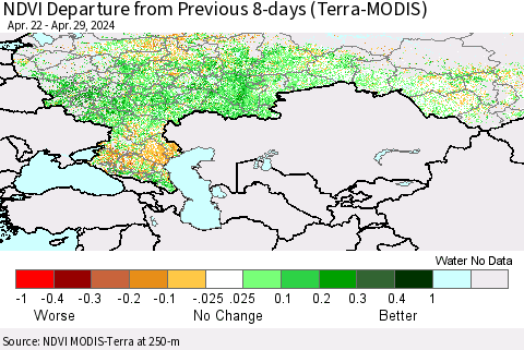 Russian Federation NDVI Departure from Previous 8-days (Terra-MODIS) Thematic Map For 4/22/2024 - 4/29/2024