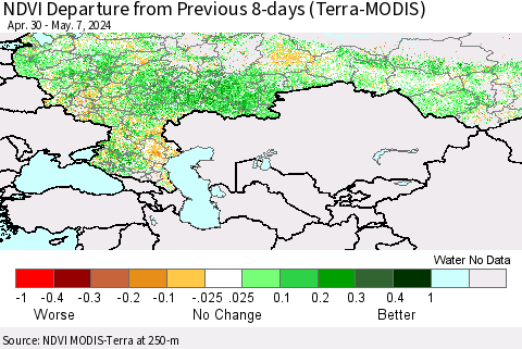 Russian Federation NDVI Departure from Previous 8-days (Terra-MODIS) Thematic Map For 4/30/2024 - 5/7/2024