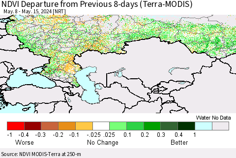 Russian Federation NDVI Departure from Previous 8-days (Terra-MODIS) Thematic Map For 5/8/2024 - 5/15/2024