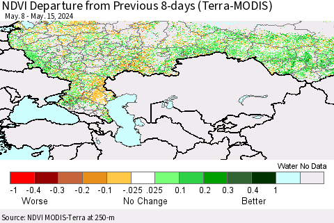 Russian Federation NDVI Departure from Previous 8-days (Terra-MODIS) Thematic Map For 5/8/2024 - 5/15/2024