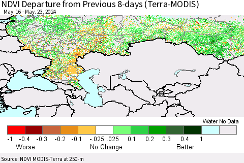 Russian Federation NDVI Departure from Previous 8-days (Terra-MODIS) Thematic Map For 5/16/2024 - 5/23/2024