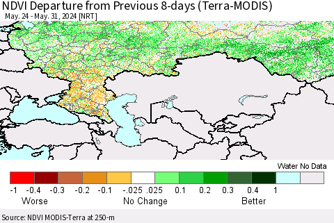 Russian Federation NDVI Departure from Previous 8-days (Terra-MODIS) Thematic Map For 5/24/2024 - 5/31/2024