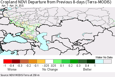 Russian Federation Cropland NDVI Departure from Previous 8-days (Terra-MODIS) Thematic Map For 4/7/2021 - 4/14/2021