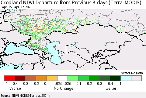 Russian Federation Cropland NDVI Departure from Previous 8-days (Terra-MODIS) Thematic Map For 4/15/2021 - 4/22/2021