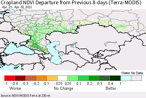 Russian Federation Cropland NDVI Departure from Previous 8-days (Terra-MODIS) Thematic Map For 4/23/2021 - 4/30/2021