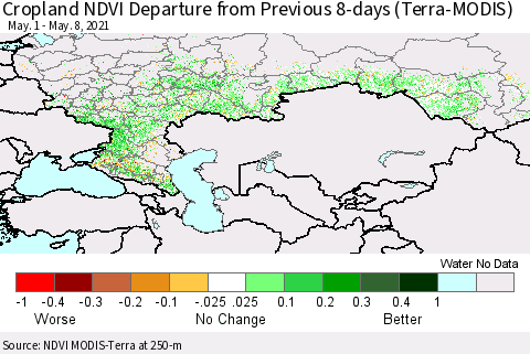 Russian Federation Cropland NDVI Departure from Previous 8-days (Terra-MODIS) Thematic Map For 5/1/2021 - 5/8/2021