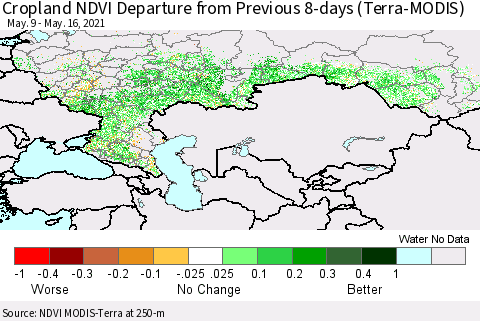 Russian Federation Cropland NDVI Departure from Previous 8-days (Terra-MODIS) Thematic Map For 5/9/2021 - 5/16/2021