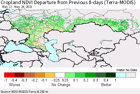 Russian Federation Cropland NDVI Departure from Previous 8-days (Terra-MODIS) Thematic Map For 5/17/2021 - 5/24/2021