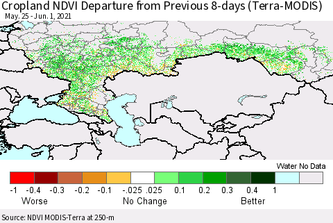 Russian Federation Cropland NDVI Departure from Previous 8-days (Terra-MODIS) Thematic Map For 5/25/2021 - 6/1/2021