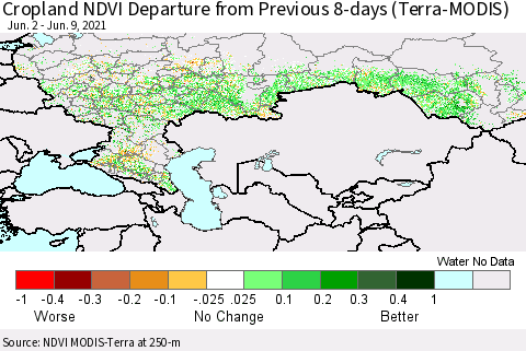 Russian Federation Cropland NDVI Departure from Previous 8-days (Terra-MODIS) Thematic Map For 6/2/2021 - 6/9/2021