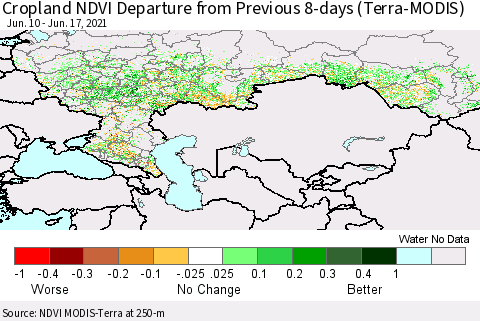 Russian Federation Cropland NDVI Departure from Previous 8-days (Terra-MODIS) Thematic Map For 6/10/2021 - 6/17/2021