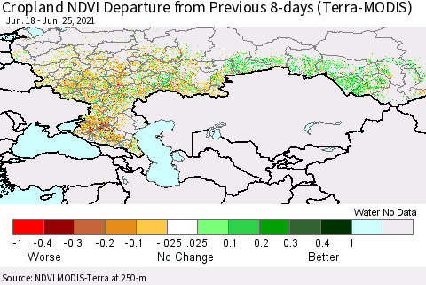Russian Federation Cropland NDVI Departure from Previous 8-days (Terra-MODIS) Thematic Map For 6/18/2021 - 6/25/2021