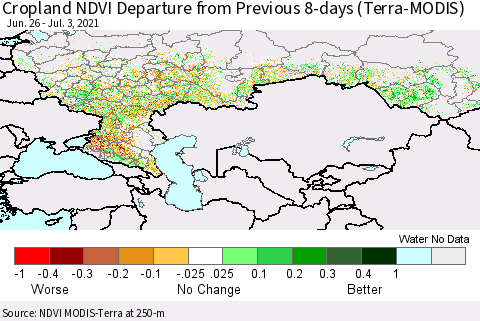 Russian Federation Cropland NDVI Departure from Previous 8-days (Terra-MODIS) Thematic Map For 6/26/2021 - 7/3/2021