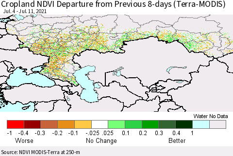 Russian Federation Cropland NDVI Departure from Previous 8-days (Terra-MODIS) Thematic Map For 7/4/2021 - 7/11/2021