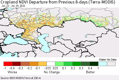 Russian Federation Cropland NDVI Departure from Previous 8-days (Terra-MODIS) Thematic Map For 7/12/2021 - 7/19/2021