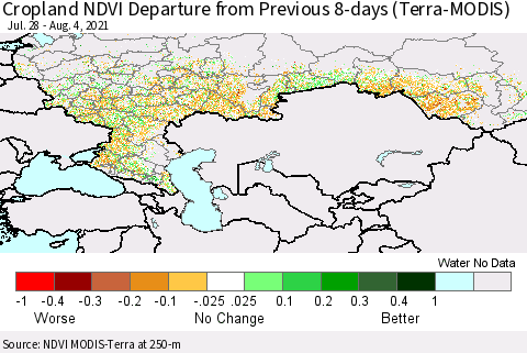 Russian Federation Cropland NDVI Departure from Previous 8-days (Terra-MODIS) Thematic Map For 7/28/2021 - 8/4/2021