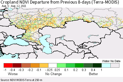 Russian Federation Cropland NDVI Departure from Previous 8-days (Terra-MODIS) Thematic Map For 8/5/2021 - 8/12/2021