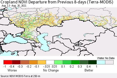 Russian Federation Cropland NDVI Departure from Previous 8-days (Terra-MODIS) Thematic Map For 8/13/2021 - 8/20/2021