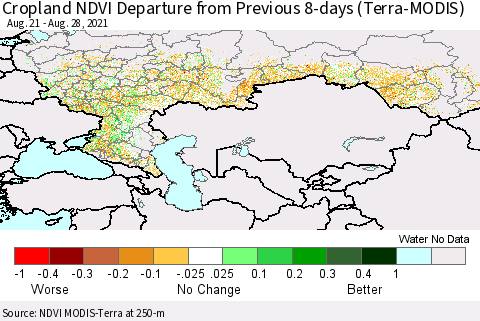 Russian Federation Cropland NDVI Departure from Previous 8-days (Terra-MODIS) Thematic Map For 8/21/2021 - 8/28/2021