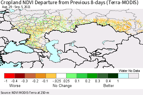 Russian Federation Cropland NDVI Departure from Previous 8-days (Terra-MODIS) Thematic Map For 8/29/2021 - 9/5/2021