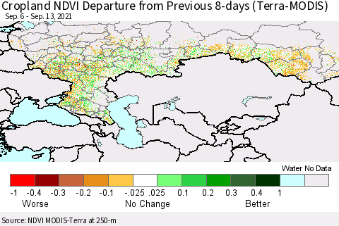 Russian Federation Cropland NDVI Departure from Previous 8-days (Terra-MODIS) Thematic Map For 9/6/2021 - 9/13/2021