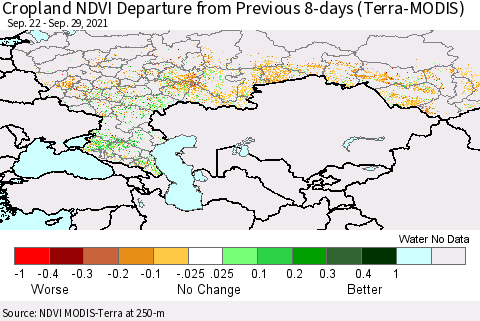 Russian Federation Cropland NDVI Departure from Previous 8-days (Terra-MODIS) Thematic Map For 9/22/2021 - 9/29/2021