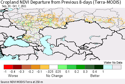 Russian Federation Cropland NDVI Departure from Previous 8-days (Terra-MODIS) Thematic Map For 9/30/2021 - 10/7/2021