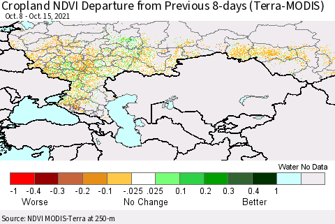Russian Federation Cropland NDVI Departure from Previous 8-days (Terra-MODIS) Thematic Map For 10/8/2021 - 10/15/2021