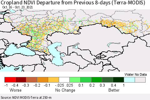 Russian Federation Cropland NDVI Departure from Previous 8-days (Terra-MODIS) Thematic Map For 10/16/2021 - 10/23/2021