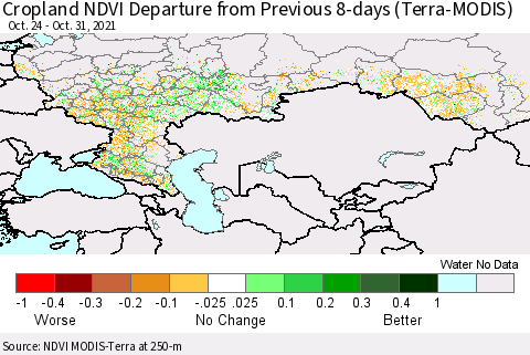 Russian Federation Cropland NDVI Departure from Previous 8-days (Terra-MODIS) Thematic Map For 10/24/2021 - 10/31/2021