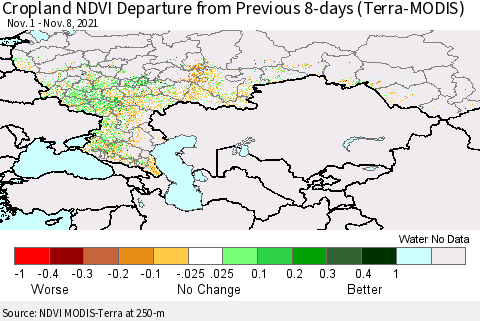 Russian Federation Cropland NDVI Departure from Previous 8-days (Terra-MODIS) Thematic Map For 11/1/2021 - 11/8/2021