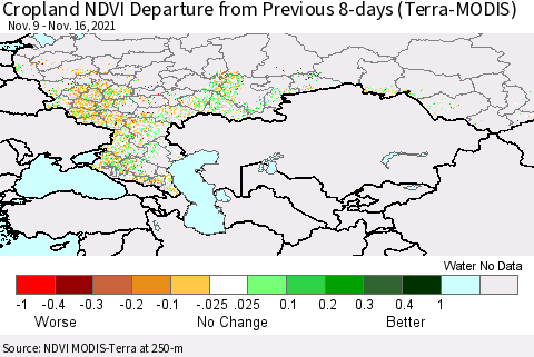 Russian Federation Cropland NDVI Departure from Previous 8-days (Terra-MODIS) Thematic Map For 11/9/2021 - 11/16/2021