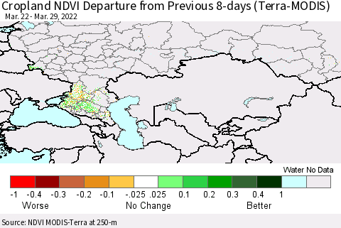 Russian Federation Cropland NDVI Departure from Previous 8-days (Terra-MODIS) Thematic Map For 3/22/2022 - 3/29/2022