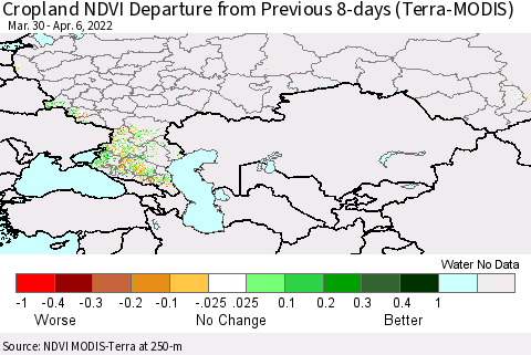 Russian Federation Cropland NDVI Departure from Previous 8-days (Terra-MODIS) Thematic Map For 3/30/2022 - 4/6/2022