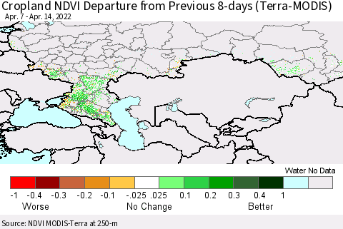 Russian Federation Cropland NDVI Departure from Previous 8-days (Terra-MODIS) Thematic Map For 4/7/2022 - 4/14/2022