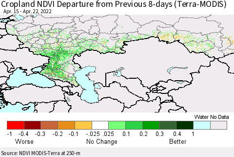 Russian Federation Cropland NDVI Departure from Previous 8-days (Terra-MODIS) Thematic Map For 4/15/2022 - 4/22/2022