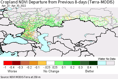 Russian Federation Cropland NDVI Departure from Previous 8-days (Terra-MODIS) Thematic Map For 4/23/2022 - 4/30/2022