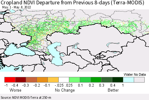 Russian Federation Cropland NDVI Departure from Previous 8-days (Terra-MODIS) Thematic Map For 5/1/2022 - 5/8/2022