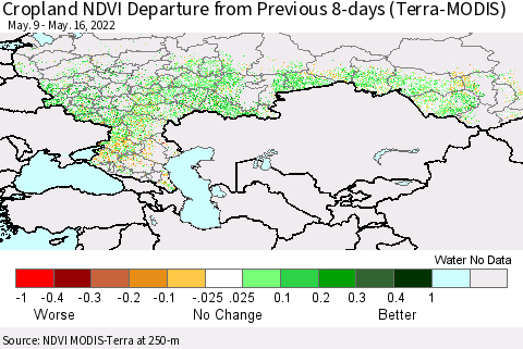 Russian Federation Cropland NDVI Departure from Previous 8-days (Terra-MODIS) Thematic Map For 5/9/2022 - 5/16/2022